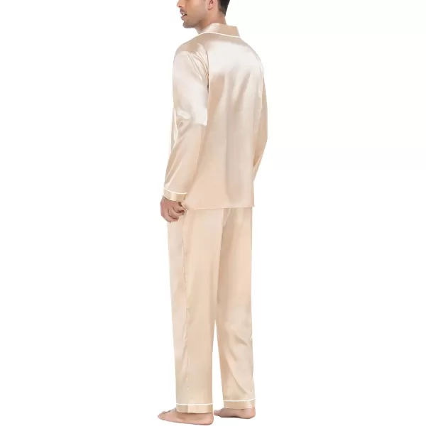 imageSWOMOG Mens Silk Satin Pajamas Set Long Sleeve Sleepwear ButtonDown Pj Twopiece Loungewear with Long Pants SXXLWhite Piping Champagne