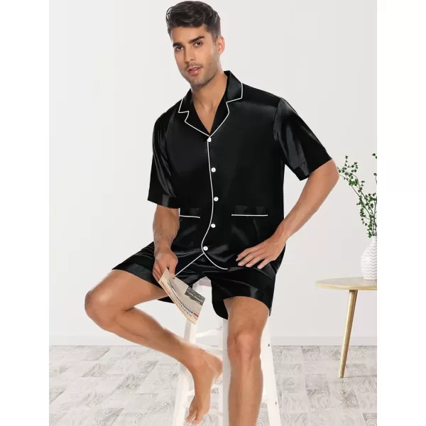 imageSWOMOG Mens Silky Pajama Set 2PCS  3PCS Short Sleeve Soft Satin Sleepwear Button Down Pj SetBlack 2 Pcs