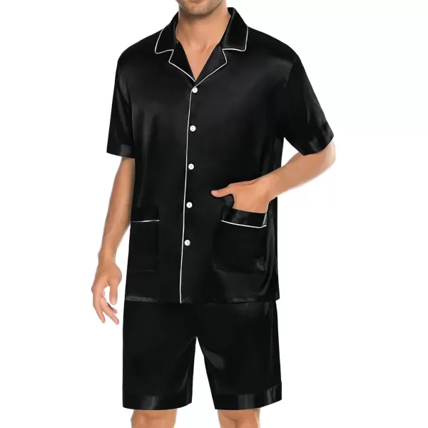 imageSWOMOG Mens Silky Pajama Set 2PCS  3PCS Short Sleeve Soft Satin Sleepwear Button Down Pj SetBlack 2 Pcs