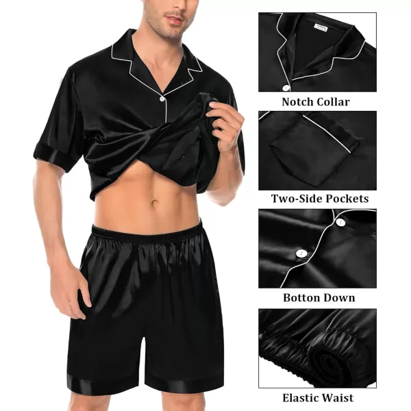 imageSWOMOG Mens Silky Pajama Set 2PCS  3PCS Short Sleeve Soft Satin Sleepwear Button Down Pj SetBlack 2 Pcs