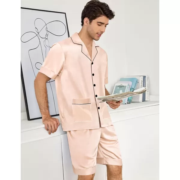 imageSWOMOG Mens Silky Pajama Set 2PCS  3PCS Short Sleeve Soft Satin Sleepwear Button Down Pj SetChampagne 2 Pcs