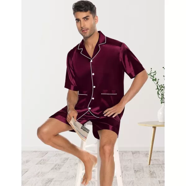 imageSWOMOG Mens Silky Pajama Set 2PCS  3PCS Short Sleeve Soft Satin Sleepwear Button Down Pj SetDeep Wine Red 2 Pcs