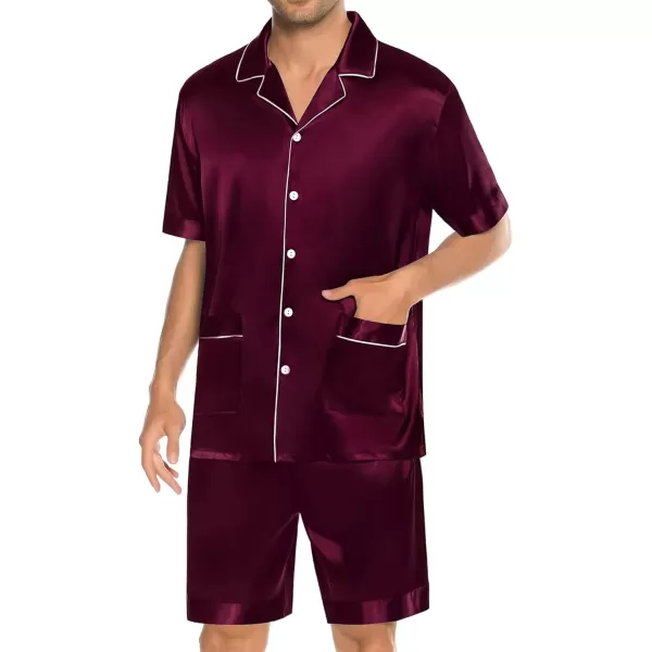 imageSWOMOG Mens Silky Pajama Set 2PCS  3PCS Short Sleeve Soft Satin Sleepwear Button Down Pj SetDeep Wine Red 2 Pcs