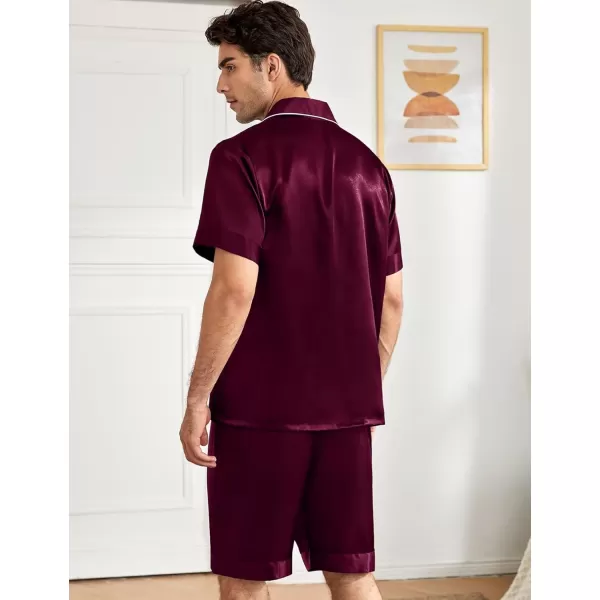 imageSWOMOG Mens Silky Pajama Set 2PCS  3PCS Short Sleeve Soft Satin Sleepwear Button Down Pj SetDeep Wine Red 2 Pcs