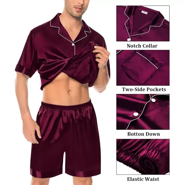 imageSWOMOG Mens Silky Pajama Set 2PCS  3PCS Short Sleeve Soft Satin Sleepwear Button Down Pj SetDeep Wine Red 2 Pcs