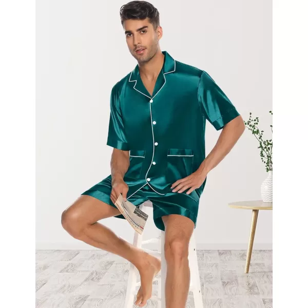 imageSWOMOG Mens Silky Pajama Set 2PCS  3PCS Short Sleeve Soft Satin Sleepwear Button Down Pj SetGreen 2 Pcs