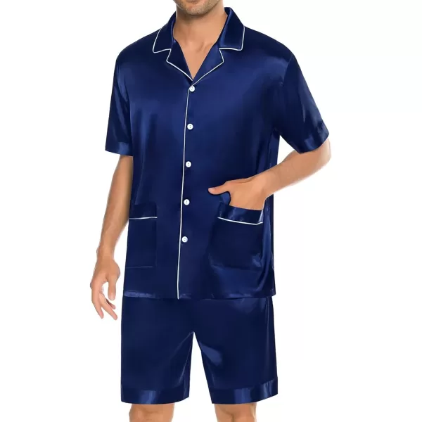 imageSWOMOG Mens Silky Pajama Set 2PCS  3PCS Short Sleeve Soft Satin Sleepwear Button Down Pj SetNavy Blue 2 Pcs