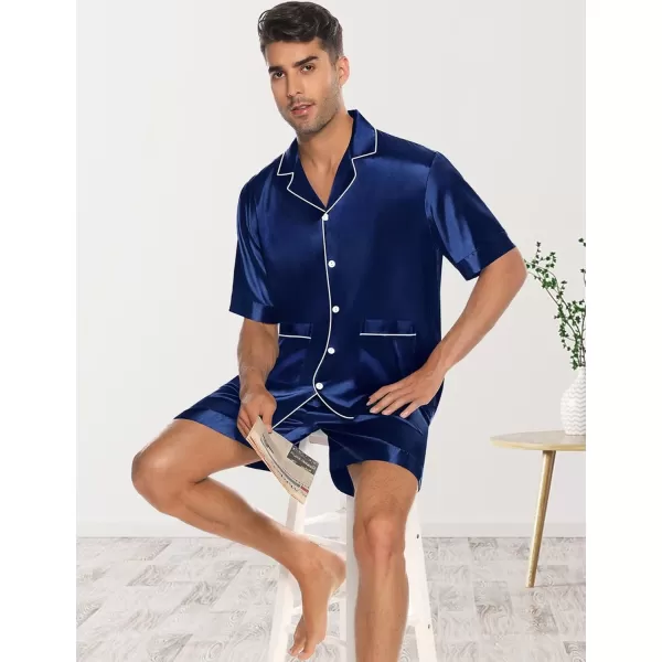 imageSWOMOG Mens Silky Pajama Set 2PCS  3PCS Short Sleeve Soft Satin Sleepwear Button Down Pj SetNavy Blue 2 Pcs