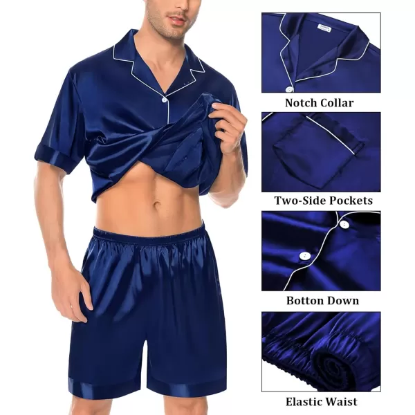 imageSWOMOG Mens Silky Pajama Set 2PCS  3PCS Short Sleeve Soft Satin Sleepwear Button Down Pj SetNavy Blue 2 Pcs