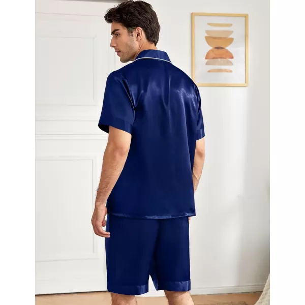 imageSWOMOG Mens Silky Pajama Set 2PCS  3PCS Short Sleeve Soft Satin Sleepwear Button Down Pj SetNavy Blue 2 Pcs