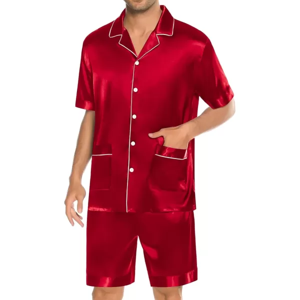 imageSWOMOG Mens Silky Pajama Set 2PCS  3PCS Short Sleeve Soft Satin Sleepwear Button Down Pj SetRed 2 Pcs