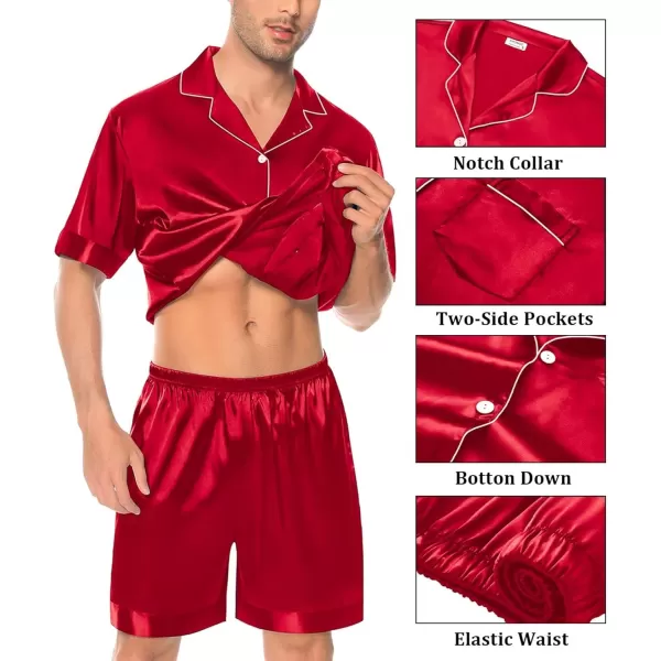 imageSWOMOG Mens Silky Pajama Set 2PCS  3PCS Short Sleeve Soft Satin Sleepwear Button Down Pj SetRed 2 Pcs