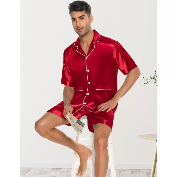 imageSWOMOG Mens Silky Pajama Set 2PCS  3PCS Short Sleeve Soft Satin Sleepwear Button Down Pj SetRed 2 Pcs