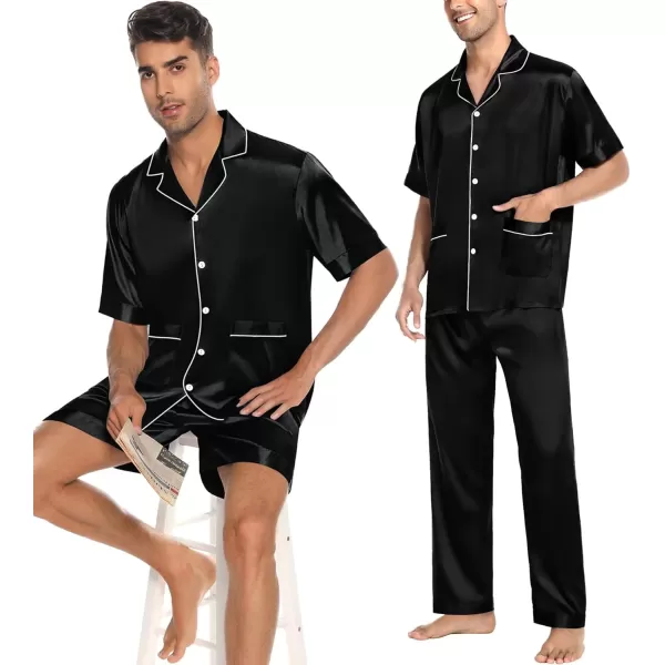 imageSWOMOG Mens Silky Pajama Set 2PCS  3PCS Short Sleeve Soft Satin Sleepwear Button Down Pj SetZ  Black 3 Pcs