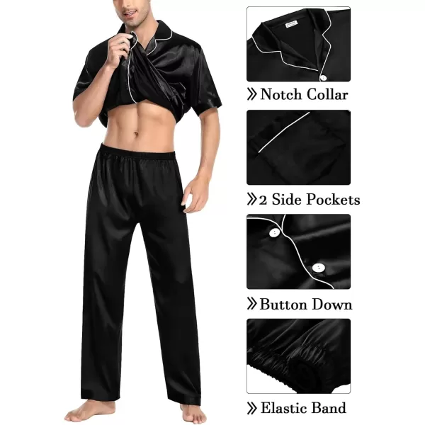 imageSWOMOG Mens Silky Pajama Set 2PCS  3PCS Short Sleeve Soft Satin Sleepwear Button Down Pj SetZ  Black 3 Pcs