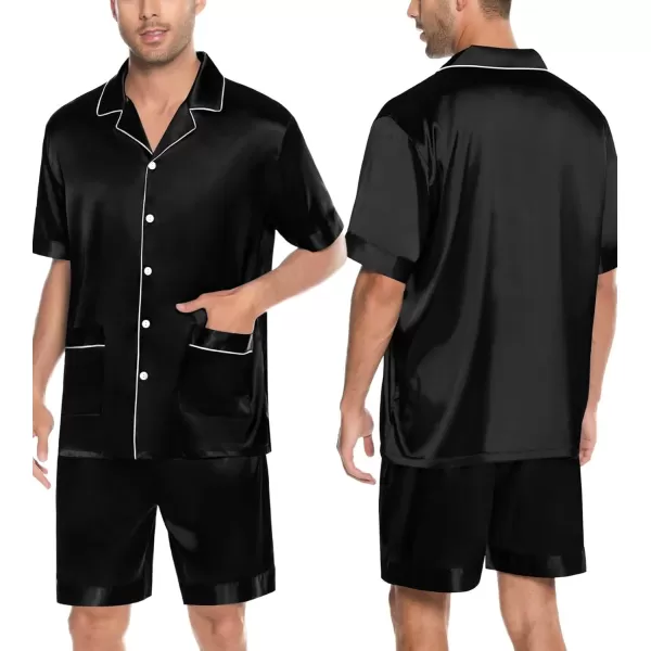 imageSWOMOG Mens Silky Pajama Set 2PCS  3PCS Short Sleeve Soft Satin Sleepwear Button Down Pj SetZ  Black 3 Pcs