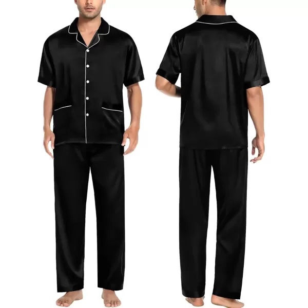 imageSWOMOG Mens Silky Pajama Set 2PCS  3PCS Short Sleeve Soft Satin Sleepwear Button Down Pj SetZ  Black 3 Pcs