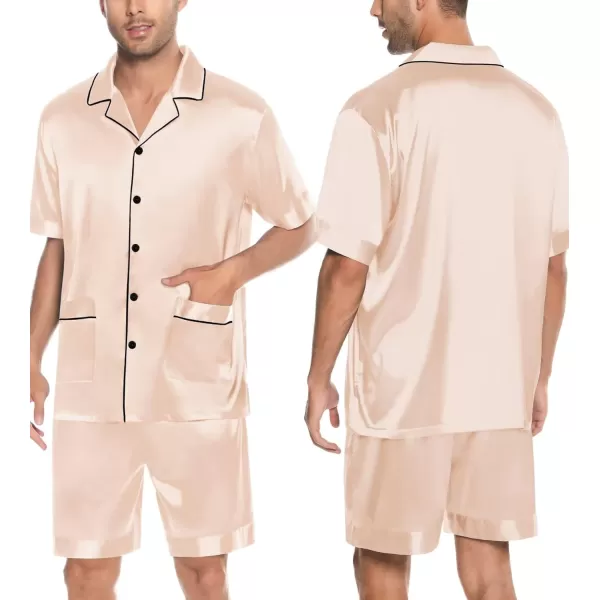 imageSWOMOG Mens Silky Pajama Set 2PCS  3PCS Short Sleeve Soft Satin Sleepwear Button Down Pj SetZ  Champagne 3 Pcs