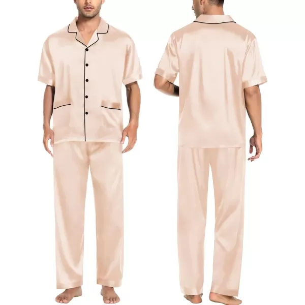 imageSWOMOG Mens Silky Pajama Set 2PCS  3PCS Short Sleeve Soft Satin Sleepwear Button Down Pj SetZ  Champagne 3 Pcs