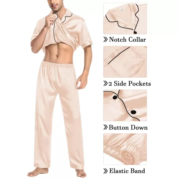 imageSWOMOG Mens Silky Pajama Set 2PCS  3PCS Short Sleeve Soft Satin Sleepwear Button Down Pj SetZ  Champagne 3 Pcs