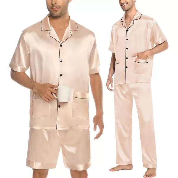 imageSWOMOG Mens Silky Pajama Set 2PCS  3PCS Short Sleeve Soft Satin Sleepwear Button Down Pj SetZ  Champagne 3 Pcs