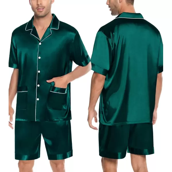 imageSWOMOG Mens Silky Pajama Set 2PCS  3PCS Short Sleeve Soft Satin Sleepwear Button Down Pj SetZ  Deep Green 3 Pcs