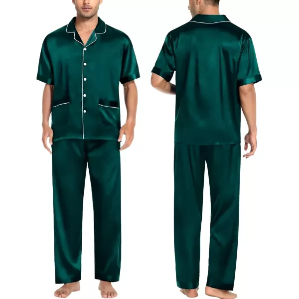 imageSWOMOG Mens Silky Pajama Set 2PCS  3PCS Short Sleeve Soft Satin Sleepwear Button Down Pj SetZ  Deep Green 3 Pcs