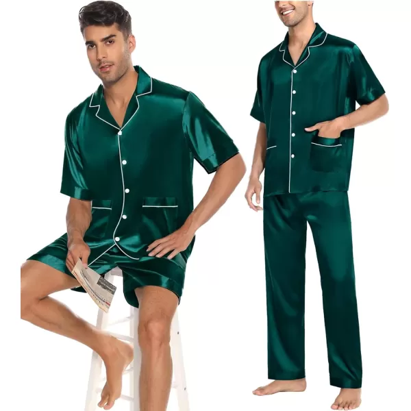 imageSWOMOG Mens Silky Pajama Set 2PCS  3PCS Short Sleeve Soft Satin Sleepwear Button Down Pj SetZ  Deep Green 3 Pcs