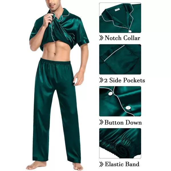 imageSWOMOG Mens Silky Pajama Set 2PCS  3PCS Short Sleeve Soft Satin Sleepwear Button Down Pj SetZ  Deep Green 3 Pcs