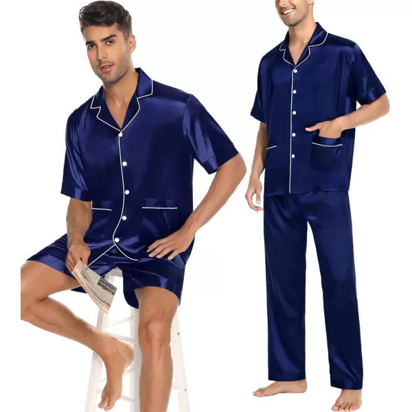 imageSWOMOG Mens Silky Pajama Set 2PCS  3PCS Short Sleeve Soft Satin Sleepwear Button Down Pj SetZ  Deep Navy Blue 3 Pcs