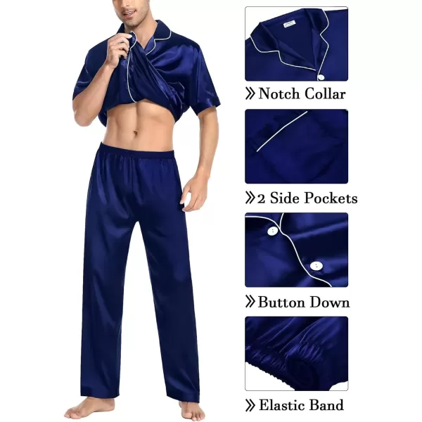 imageSWOMOG Mens Silky Pajama Set 2PCS  3PCS Short Sleeve Soft Satin Sleepwear Button Down Pj SetZ  Deep Navy Blue 3 Pcs