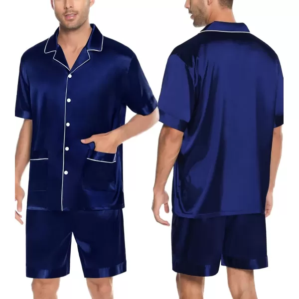 imageSWOMOG Mens Silky Pajama Set 2PCS  3PCS Short Sleeve Soft Satin Sleepwear Button Down Pj SetZ  Deep Navy Blue 3 Pcs