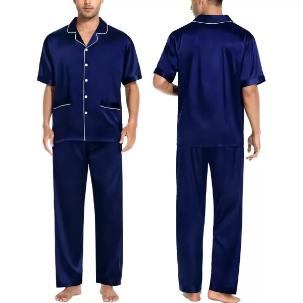 imageSWOMOG Mens Silky Pajama Set 2PCS  3PCS Short Sleeve Soft Satin Sleepwear Button Down Pj SetZ  Deep Navy Blue 3 Pcs