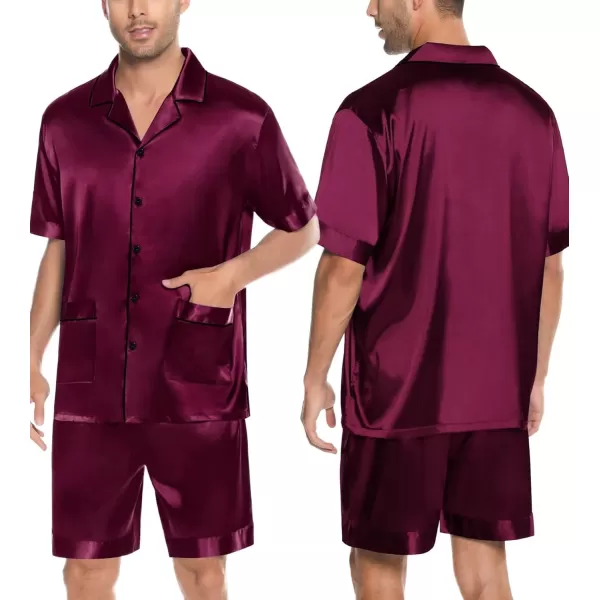 imageSWOMOG Mens Silky Pajama Set 2PCS  3PCS Short Sleeve Soft Satin Sleepwear Button Down Pj SetZ  Deep Wine Red 3 Pcs