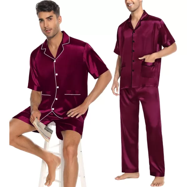 imageSWOMOG Mens Silky Pajama Set 2PCS  3PCS Short Sleeve Soft Satin Sleepwear Button Down Pj SetZ  Deep Wine Red 3 Pcs