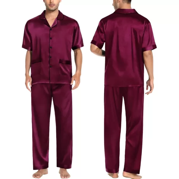 imageSWOMOG Mens Silky Pajama Set 2PCS  3PCS Short Sleeve Soft Satin Sleepwear Button Down Pj SetZ  Deep Wine Red 3 Pcs