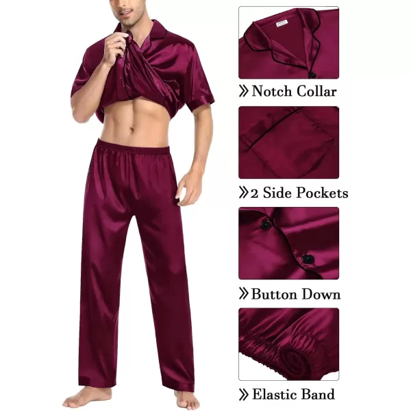 imageSWOMOG Mens Silky Pajama Set 2PCS  3PCS Short Sleeve Soft Satin Sleepwear Button Down Pj SetZ  Deep Wine Red 3 Pcs