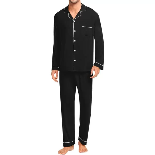 imageSWOMOG Men Pajamas Set Comfy Modal Pjs Button Down Sleepwear 2 Piece Long Sleeve Lounge Set Soft Nightwear with PocketsBlack