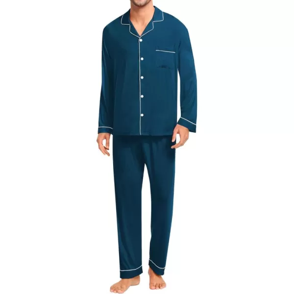 imageSWOMOG Men Pajamas Set Comfy Modal Pjs Button Down Sleepwear 2 Piece Long Sleeve Lounge Set Soft Nightwear with PocketsDeep Navy Blue