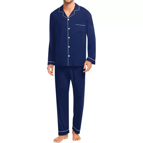 imageSWOMOG Men Pajamas Set Comfy Modal Pjs Button Down Sleepwear 2 Piece Long Sleeve Lounge Set Soft Nightwear with PocketsNavy Blue