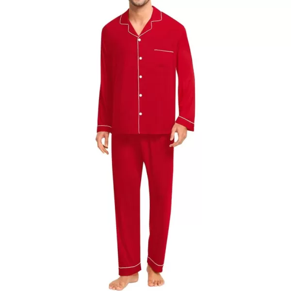 imageSWOMOG Men Pajamas Set Comfy Modal Pjs Button Down Sleepwear 2 Piece Long Sleeve Lounge Set Soft Nightwear with PocketsRed