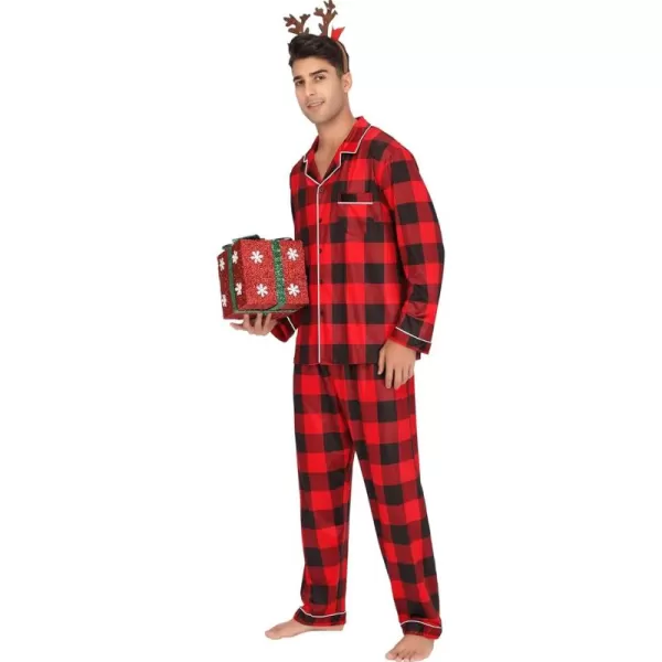 imageSWOMOG Men Pajamas Set Comfy Modal Pjs Button Down Sleepwear 2 Piece Long Sleeve Lounge Set Soft Nightwear with PocketsRed Buffalo Plaid