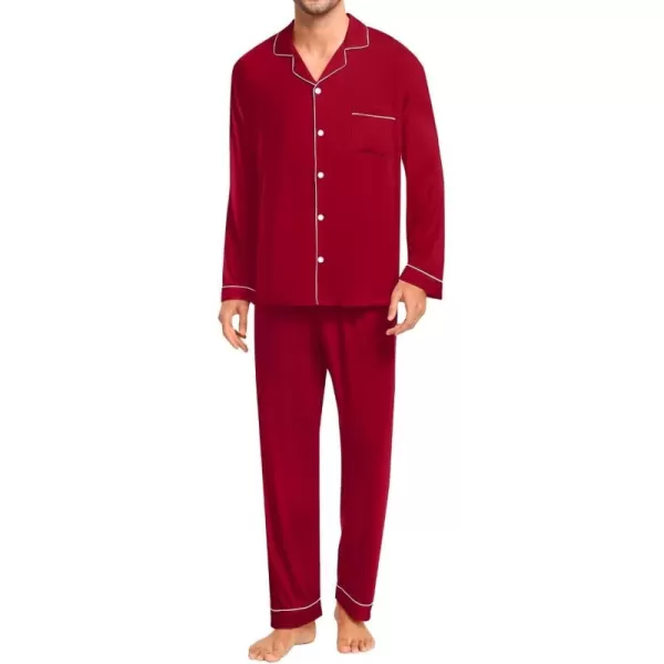 imageSWOMOG Men Pajamas Set Comfy Modal Pjs Button Down Sleepwear 2 Piece Long Sleeve Lounge Set Soft Nightwear with PocketsWine Red