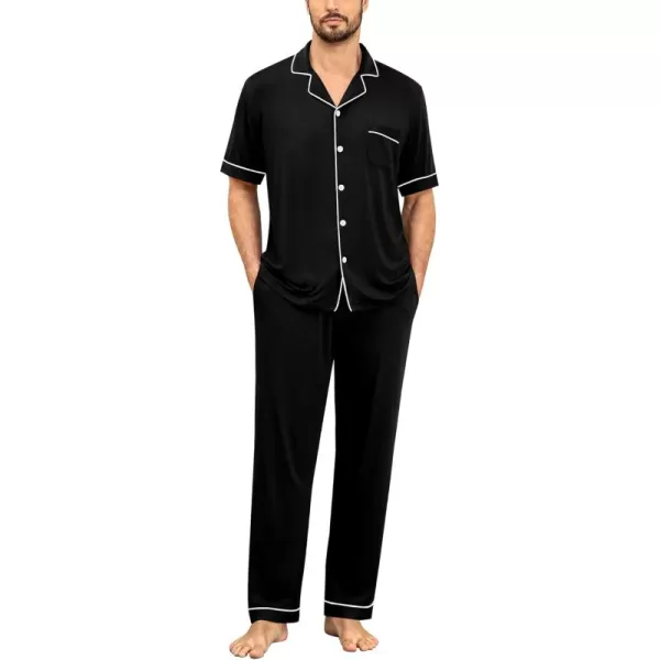 imageSWOMOG Men Pajamas Set Two Pieces Short Sleeve Sleepwear Button Down Loungewear Set Soft Modal Pj Set with PocketsBlack