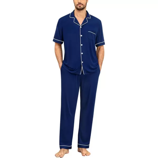 imageSWOMOG Men Pajamas Set Two Pieces Short Sleeve Sleepwear Button Down Loungewear Set Soft Modal Pj Set with PocketsNavy Blue