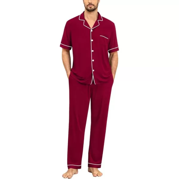 imageSWOMOG Men Pajamas Set Two Pieces Short Sleeve Sleepwear Button Down Loungewear Set Soft Modal Pj Set with PocketsWine Red