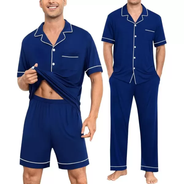 imageSWOMOG Men Pajamas Sets Short Sleeve Modal Sleepwear TwoPiece Soft PJs Sets Loungewear with Long Pants3pcsnavyblue