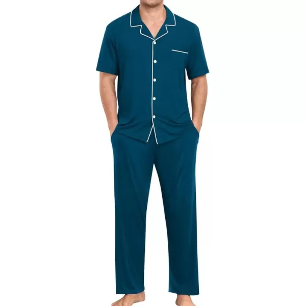 imageSWOMOG Men Pajamas Sets Short Sleeve Modal Sleepwear TwoPiece Soft PJs Sets Loungewear with Long PantsPantsdark Navy Blue