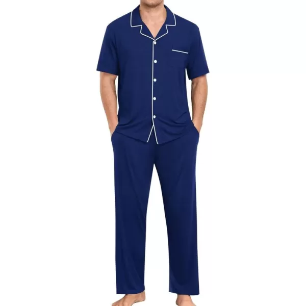 imageSWOMOG Men Pajamas Sets Short Sleeve Modal Sleepwear TwoPiece Soft PJs Sets Loungewear with Long PantsPantsnavy Blue