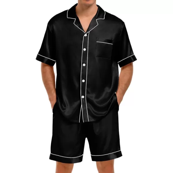 imageSWOMOG Men Satin Pajama Set 2 Pcs Loungewear Button Down Pjs Set Sleepwear ShortSleeve Top and Shorts with PocketsBlack